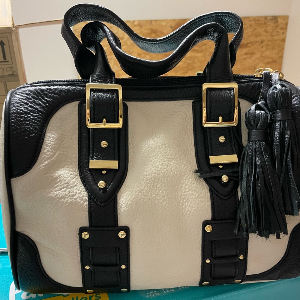 New BCBGMaxazria tote, cream & black. Lots of detail. Never used.